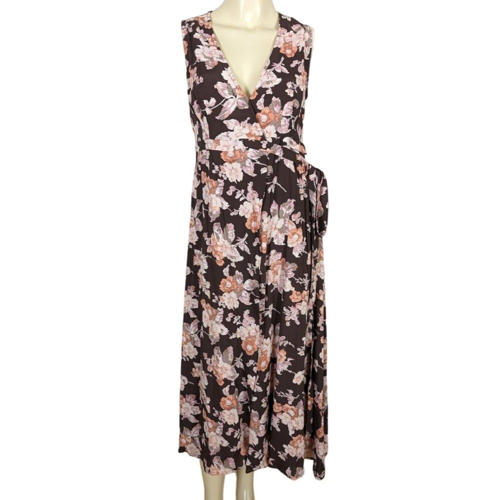 FAUXGERTY The SASHA sleevelvess floral burgundy wrap around summer midi dress XS